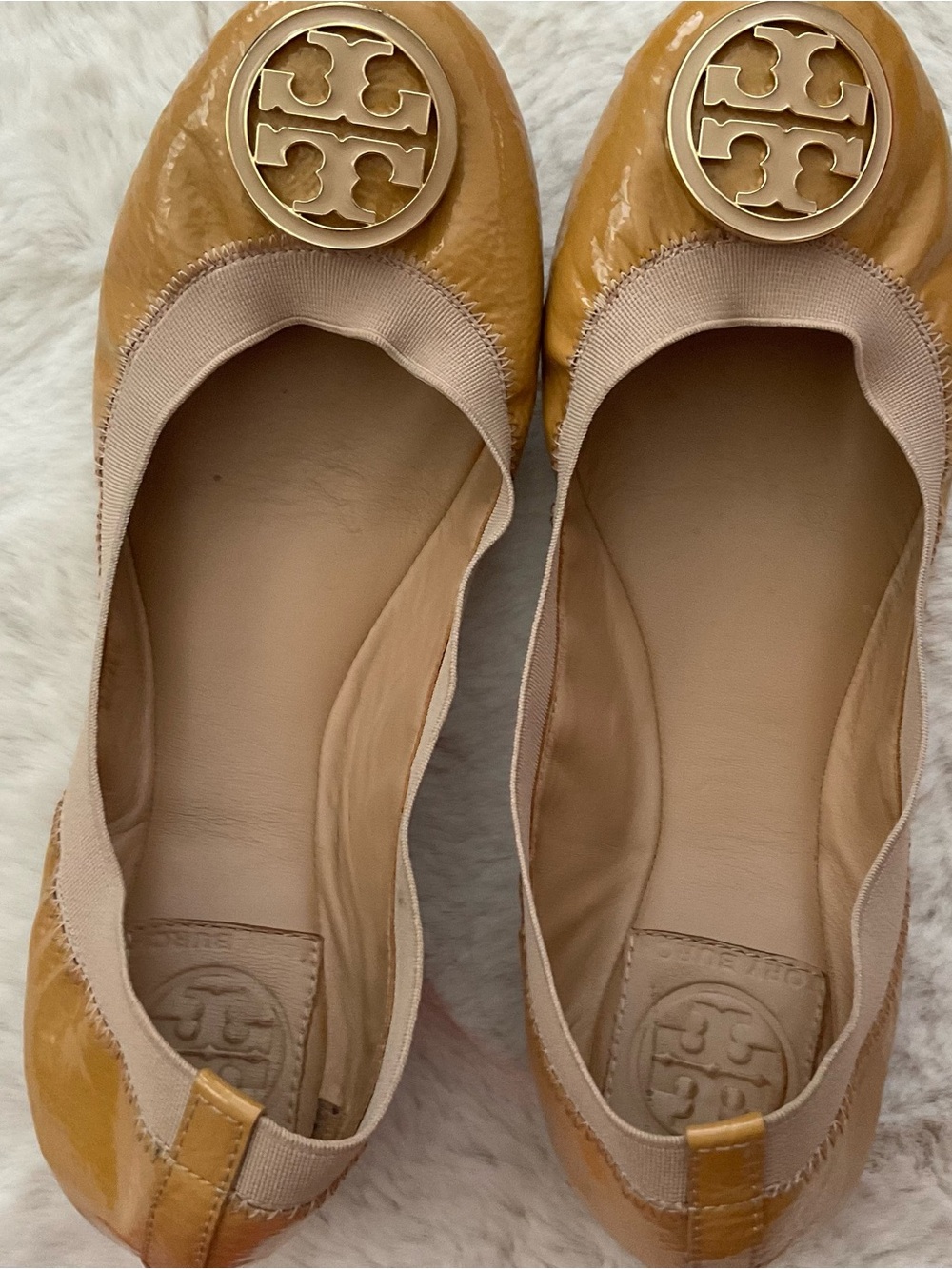 Tory Burch Patent Leather Ballet Flats in Mustard with Gold Logo